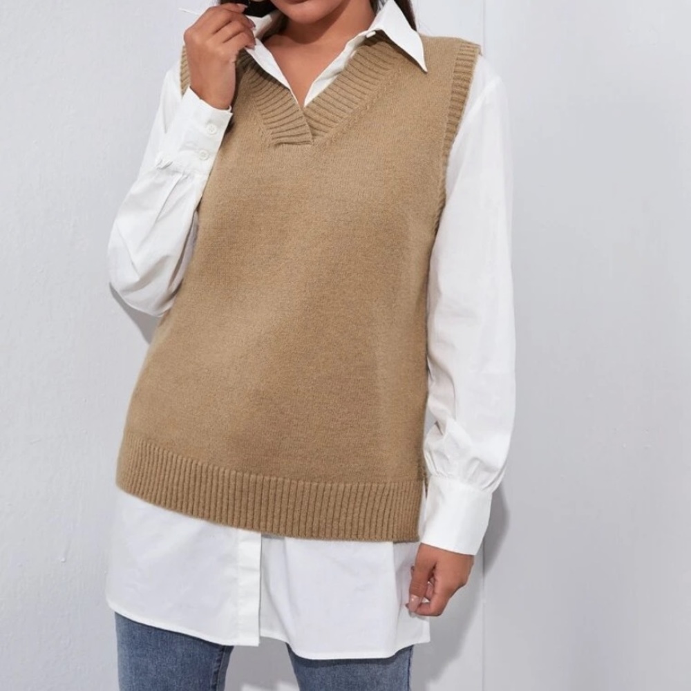 tan v neck Sweater vest - Picture 5 of 6